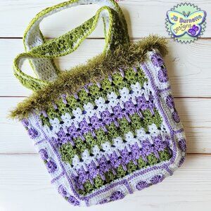 Handmade Cats and Pawprints Patterned Bag with Grassy Fringe, Crochet Purse